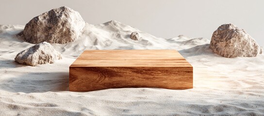 Minimalist Wooden Product Display with Sand