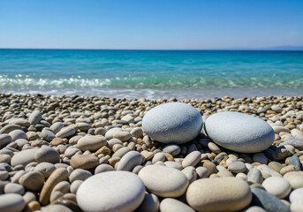Plakat A close-up view of a beach with smooth, colorful pebbles