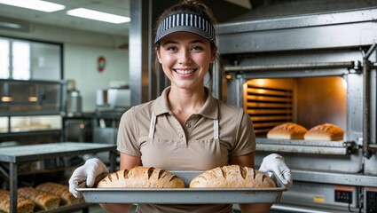 Smiling female baker presenting a tray of freshly baked loaves of bread in a professional bakery setting with ovens in the background.