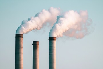 Three smokestacks emitting steam into clear sky