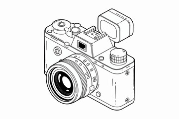 Isometric Black and White Line Art Illustration of a Classic Camera with Flash Attachment for Photography Enthusiasts