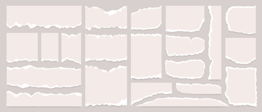 Ripped white newspaper strip, torn paper sheet and grunge notebook background with text message banner and brush stroke texture effect for a realistic sticky note style layout. Adhesive sticker label.