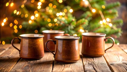 Four copper mugs on a wooden table with Christmas lights in the background