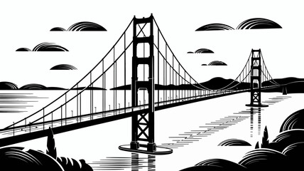Golden Gate Bridge Black and White Silhouette Iconic San Francisco Landmark Artistic Representation with Clouds and Reflections