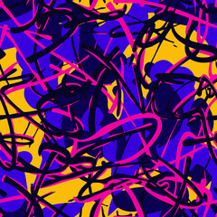 Vector abstract graffiti seamless pattern. Urban art sport texture with chaotic paint, strokes, paint splashes, lines. Trending background in bright neon colors. Design for kids, teens, boys, girls