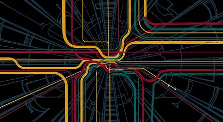 Abstract Subway Map Style Illustration with Intersecting Lines and Dark Background