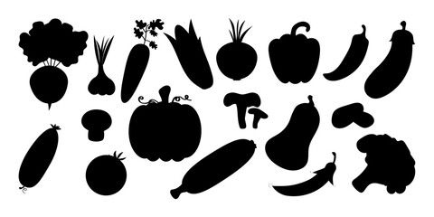 Vegetables, set of silhouettes. Black vector clipart of vegetables including pepper, pumpkin, eggplant, zucchini, cucumber, onion, tomato, carrot, mushroom, peas and others.