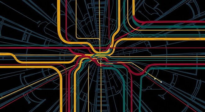 Abstract Subway Map Style Illustration with Intersecting Lines and Dark Background