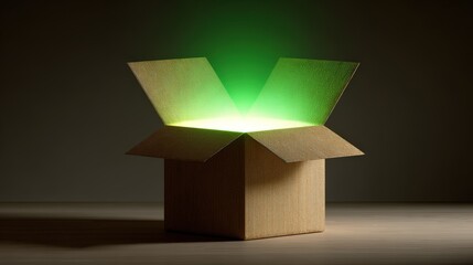 Mystical Cardboard Box Emitting Glowing Green Light in Dark Environment