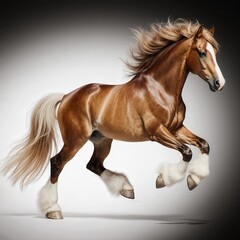 Obraz premium Majestic Clydesdale Horse: A vibrant Clydesdale horse, a breed of draft horse, strides with power, showcasing its elegant, flowing mane and pristine white leg feathers.