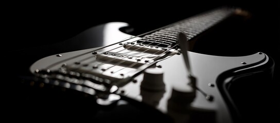 A black and white closeup image of a vintage electric guitar