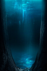 Dark sea bottom, underwater cave, water.