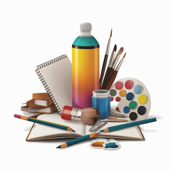 Art supplies and open notebook isolated on a transparent background