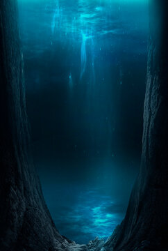 Dark sea bottom, underwater cave, water.