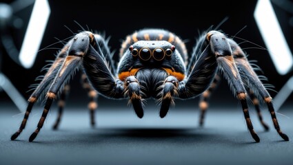 Fototapeta premium Close-up of a jumping spider with detailed eyes and legs, positioned in front of a dark background with light accents. Macrophotography of an arachnid. The focus on the spider's face and body struc...