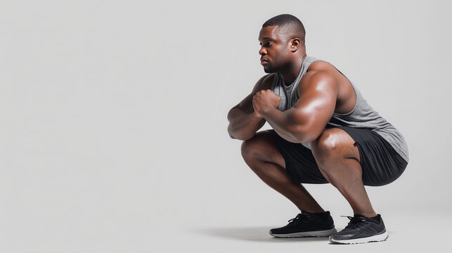 African American man in athletic wear performing a squat exercise on a light gray background, showcasing strength and fitness in a dynamic workout pose