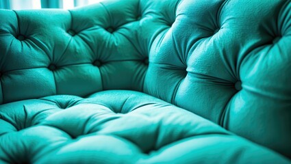 Close-up of a turquoise, tufted upholstered couch with deep buttoning and soft fabric.