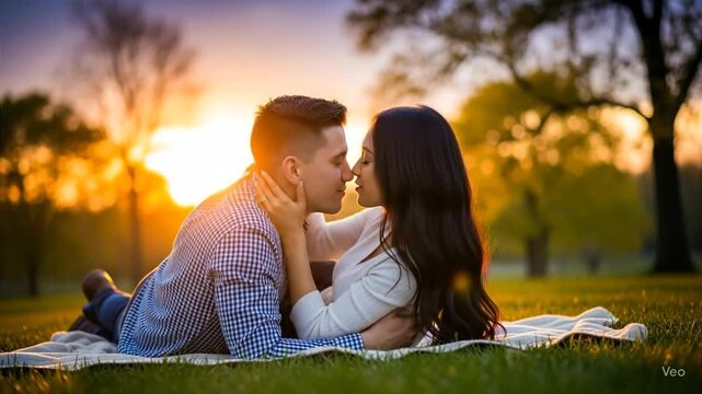 teen age young couple kissing in the park summer vibes making love  
