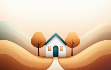 Small house in warm rolling autumn hills with trees and soft pastel tones