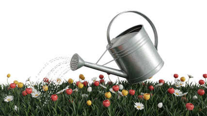 Watering Can Pouring Water onto Vibrant Flower Garden