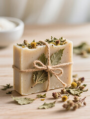 Solid organic handmade soap tied with twine on wooden table. Organic spa cosmetics with dried flowers and leaves