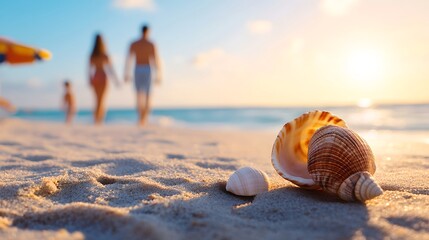Obraz premium A tranquil beach scene at sunset with people strolling along the shore enjoying the serene ocean view and the picturesque seashells scattered across the sand
