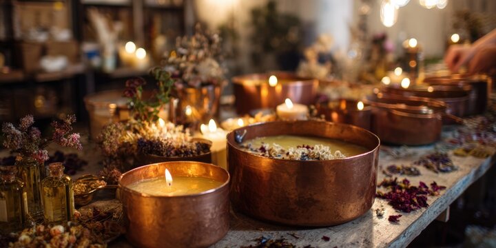 Handmade Candle Workshop with Copper Pots and Dried Flowers