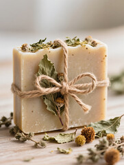 Solid organic handmade soap tied with twine on wooden table. Organic spa cosmetics with dried flowers and leaves