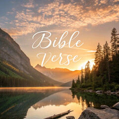 Sunset Lake Landscape with Mountains and Trees, Bible Verse Text Overlay

