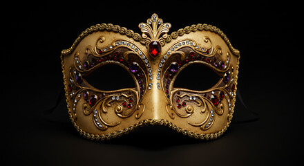 Ornate golden mask decorated with gems and filigree, exuding elegance and mysterious charm.