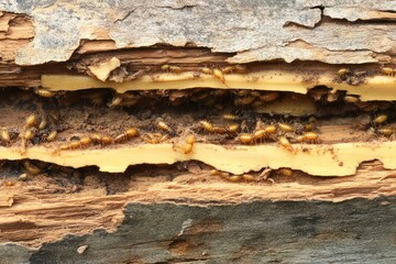 Termite-infested wood with visible tunnels