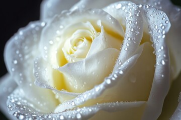 White rose with dew drops symbolizing purity
