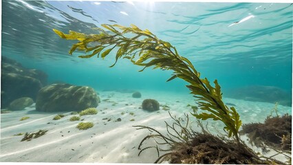 Underwater kelp forest with sandy seabed and sun rays