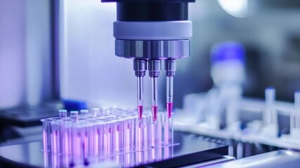 Automated liquid handling in a lab setting, dispensing purple liquid into test tubes