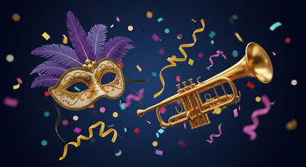 A vibrant scene featuring a feathered mask, a shiny trumpet, and colorful confetti against dark backdrop.