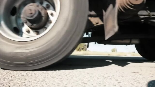 Closeup of truck wheels in motion on highway capturing dynamic speed and movement