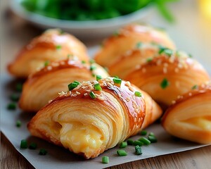 Baked croissants with cheese, sprinkled with sesame seeds and chopped green onions