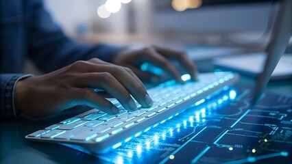 Close up of hands typing on a glowing blue backlit keyboard in a dark room