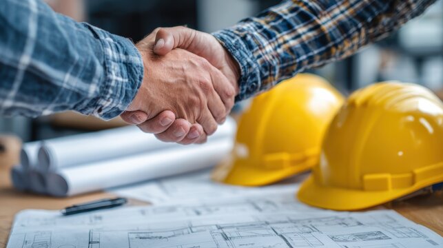 Handshake between business partners at a construction site showcasing teamwork and collaboration in industry.