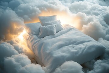 Surreal dreamy bed in clouds for sleep concept