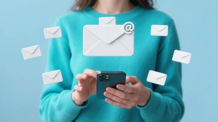 Woman checking email notifications on smartphone with digital envelope icons on blue background. - Powered by Adobe