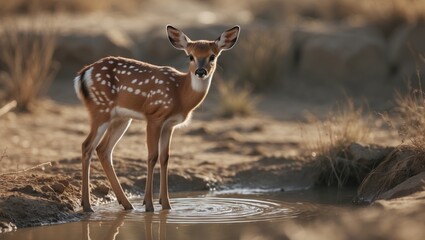 A young deer with white spots standing by a water source in a natural, dry environment. Wildlife and nature scene. The serenity of the animal in its habitat.