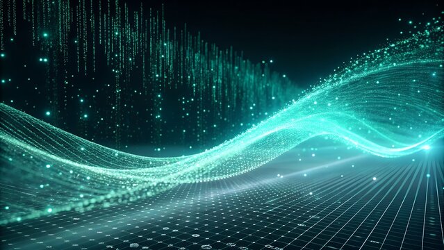 Abstract digital wave of glowing binary code and data streams