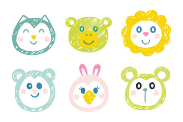 Fototapeta premium Charming Animal Caricatures: A delightful collection of hand-drawn animal faces. Featuring cute, whimsical drawings of a wolf, bear, lion, monkey, penguin, and bear.