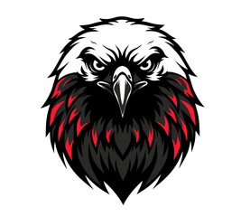 Aggressive eagle head mascot vector illustration. Fierce bird of prey emblem with red and black feathers for a sports team or esports logo.