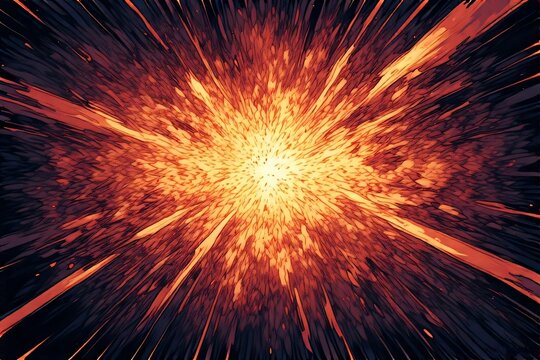Abstract digital illustration of a fiery explosion with radiating energy bursts on a dark background.
