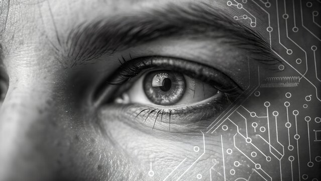 Close up of a human eye with futuristic digital circuit patterns overlayed