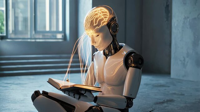 Futuristic robot reading book with glowing brain and neural connections symbolizing artificial intelligence learning and knowledge transfer.