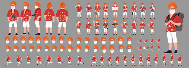 Traveler character model sheet, Character poses, expressions, Walk cycle, Run cycle animated character sequences.