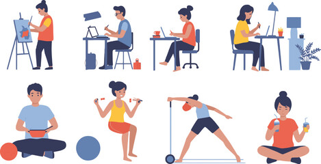 Fototapeta premium Vector art of diverse group of people working, painting, exercising, and eating at home, isolated on white background